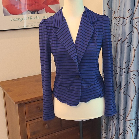 Cartonnier for Anthro, knit striped black & blue tailored, fitted blazer - Picture 4 of 16